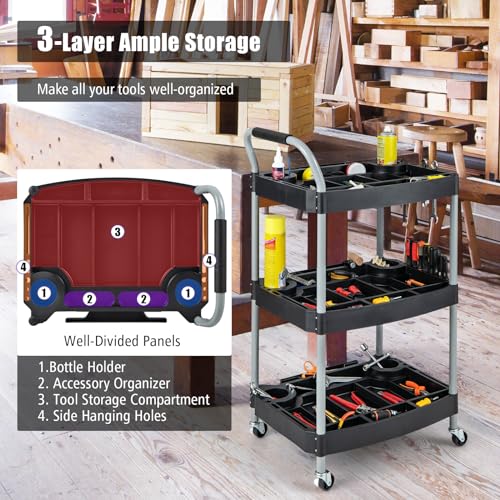 3 Tier Rolling Utility Cart with Compartment & Universal Wheels | 3 Shelf Rolling Storage Cart, Plastic Tool Cart Organizer for Garage, Office, Home, Warehouse, Repair Shop