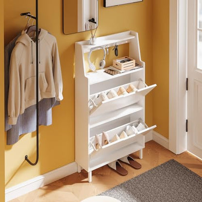 HHaotian Flip-Drawer Shoe Cabinet with Two Drawers & Open Shelves | Slim Hidden Shoe Rack Cabinet with Hook for Entryway, FSR221-W - color: White, size: 2-Drawers+Shelf