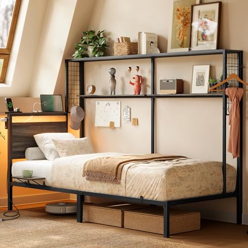 VASAGLE Twin Size Metal Bed Frame with Headboard, Multifunctional Storage, Built-in LED Lights, Charging Station, Bookshelf, Bedside Shelf, Space-Saving, No Box Spring Needed, Ash Brown URMB963K01 - color: Ash Brown