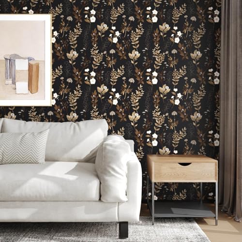 Vintage Dark Black Gold Floral Peel and Stick Wallpaper 17.4" x 788" | Renter Friendly, Removable & Waterproof, Vinyl Easy Install for Bedrooms, Bathrooms, Kitchens, Cabinets and Home Decor - color: Black, size: 17.4" x 788"