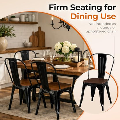 Obsidian Black Color,Metal Black Dining Chairs with Wood Seat,Set of 4 | Iron Stackable Tolix Modern Indoor Outdoor Bistro Kitchen Patio - color: Obsidian Black
