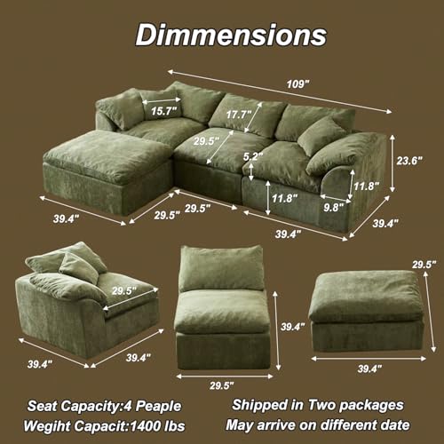 Cloud Couch Sectional for Living Room, Modular L Shaped Boneless Sofa with Chaise, Compressed No Assembly Couch, Deep Seat Chenille Upholstered Convertible Sofa Bed(OliveGreen) - color: Olivegreen