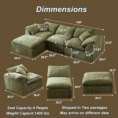 Cloud Couch Sectional for Living Room, Modular L Shaped Boneless Sofa with Chaise, Compressed No Assembly Couch, Deep Seat Chenille Upholstered Convertible Sofa Bed(OliveGreen) - color: Olivegreen