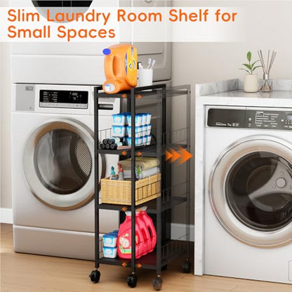 Expandable Slim Storage Cart with Wheels, 4 Tier Narrow Metal Rolling Utility Cart Organizer Adjustable Open Floor Shelving Unit for Small Spaces Bathroom Laundry Room Kitchen