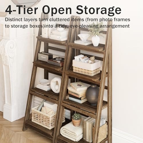 Ladder Shelf 4-Tier Foldable Solid Wood Bookshelf Plant Stand | Folding Wooden Ladder Bookshelf, Plant Stand for Small Space, Display Rack for Living Room, Bedroom, Balcony, Rustic Brown - color: 4-tier/Dark Brown