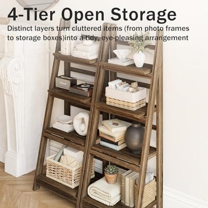 Ladder Shelf 4-Tier Foldable Solid Wood Bookshelf Plant Stand | Folding Wooden Ladder Bookshelf, Plant Stand for Small Space, Display Rack for Living Room, Bedroom, Balcony, Rustic Brown - color: 4-tier/Dark Brown