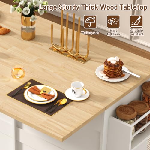 chartustriable 51" Kitchen Island with Drop Leaf,Kitchen Island Cart W/Rolling Trash Cabinet,Folding Drop Leaf,2 Drawers,Movable Carts on Wheels with Spice Rack&Towel Rack for Home, Dining Room,White - color: White, size: 29.5"D x 51.2"W x 35.8"H
