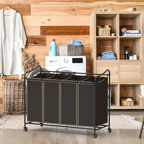 Simple Houseware 4-Bag Heavy Duty Laundry Sorter Rolling Cart, Brown | Removable Bags and Lockable Wheels for Laundry Room Organization - color: Bronze
