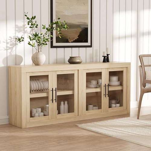 Garvee 65.34" Sideboard Buffet Cabinet, 4 Glass Doors, Natural | Tempered Glass Display Doors, Mid-Century Style, Adjustable Shelves, Elegant Coffee Bar, Durable Frame, Easy Assembly - color: Natural, size: 4 Glass Doors