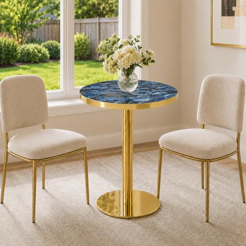 TesNus 23.6" Small Round Dining Table for 2, Circle Tulip Table, Faux Marble Top with Gold Metal Pedestal Base, Modern Leisure Coffee Table for Small Spaces, Cafe, Office, Blue&Gold - color: Blue Top&gold Base