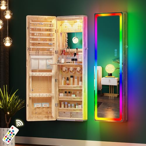 HNEBC Full Length Mirror with Storage, Wall Mounted Jewelry Cabinet with RGB Lights & Remote, Lockable Over Door Jewelry Organizer with Drawer, Foldout Makeup Tray 47.2" Hx14.5 Wx3.9 D, Natural - color: 93B-natural