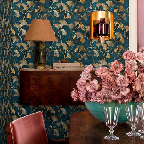 MuralPeel Teal Blue Yellow Gingko Leaf Vintage Peel and Stick Wallpaper Self Adhesive Removable Easy Peel Off Stick on Wall Paper for Bedroom Cabinet Renter