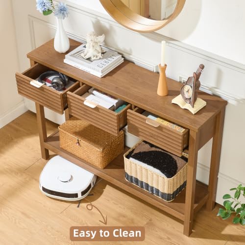 LEYAOYAO 47.2" Fluted Console Table with 3 Drawers, Brown Entryway Table | Modern Wood 2 Tier Entry Table, with Open Storage Shelf, Farmhouse Sofa Table Behind Couch, for Living Room, Hallway, Foyer - color: Tea Brown