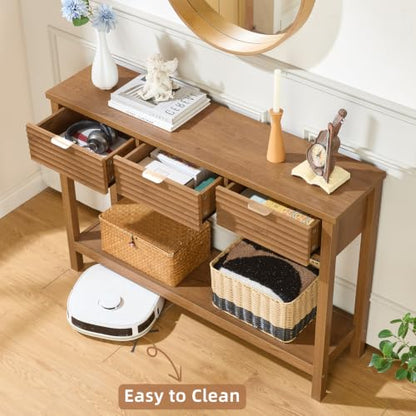 LEYAOYAO 47.2" Fluted Console Table with 3 Drawers, Brown Entryway Table | Modern Wood 2 Tier Entry Table, with Open Storage Shelf, Farmhouse Sofa Table Behind Couch, for Living Room, Hallway, Foyer - color: Tea Brown