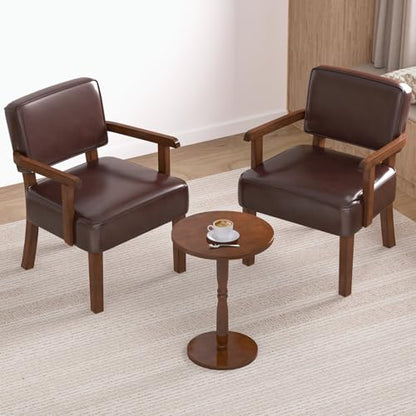 Accent Chairs Set of 2, 2 Solid Wood Armchairs with Table | Faux Leather Chair with Soft Thicken Cushion, Comfy Reading Chair for Bedroom, Waiting Room, Home Office, Easy Assembly - color: Faux Leather Cherry, size: Set of 2 with table