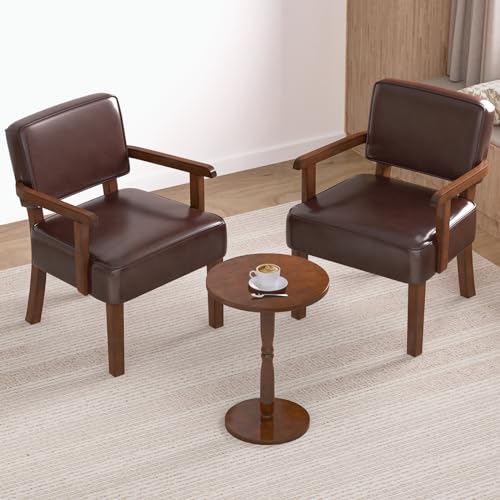 Accent Chairs Set of 2, 2 Solid Wood Armchairs with Table | Faux Leather Chair with Soft Thicken Cushion, Comfy Reading Chair for Bedroom, Waiting Room, Home Office, Easy Assembly - color: Faux Leather Cherry, size: Set of 2 with table