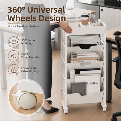 5-Tier Rolling Bookshelf, Rolling Book carts with wheels,Book Storage Rack | Utility Carts, Movable File Folder Organizer Cart for Home,Study,Office,Living Room,Classroom