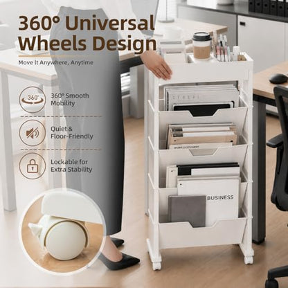 5-Tier Rolling Bookshelf, Rolling Book carts with wheels,Book Storage Rack | Utility Carts, Movable File Folder Organizer Cart for Home,Study,Office,Living Room,Classroom