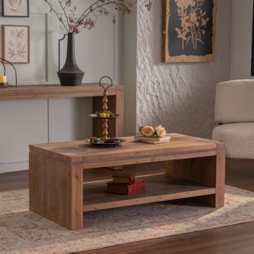 Wood Coffee Table for Living Room, Modern Unique Farmhouse Rectangle Wood Coffee Table with Storage Shelf Contemporary Vintage Rustic Center Table Retro End Side Tea Table, Office, Apartment, Natural - size: 47.24''D×23.62''W×17.72''H