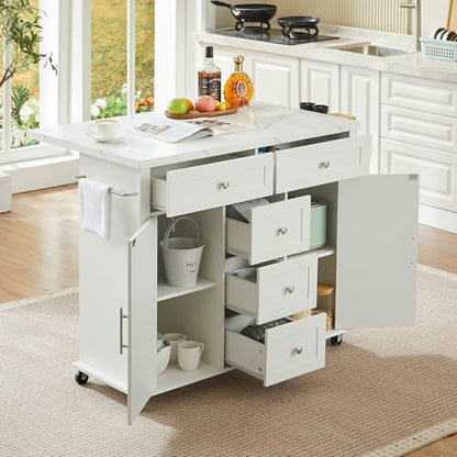 47" Kitchen Island with 2 Storage Cabinets & 5 Drawers, White | Mobile Island Table for Kitchen with Imitation Marble Drop Leaf, Rolling Island Cart with Power Outlet, Spice Rack - color: White