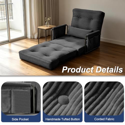 Futon Sofa Bed,Convertible Sofa Bed,Folding Boneless Couches | 3-in-1 Folding Sofa Bed,Boneless Couches for Living Room with Pillow & Side Pocket,High-density Foam,Single Sleeper,Black - color: Balck, size: Single