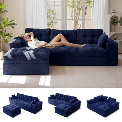 MAXYOYO Boneless Couch, 104-Inch L-Shaped Cloud Couch with Ottoman | Navy Upholstered Sofa Features Layered Cushions and Flexible Modules with No Assembly, Ideal for Modern Living Rooms. - color: Navy, size: 104" L Shape