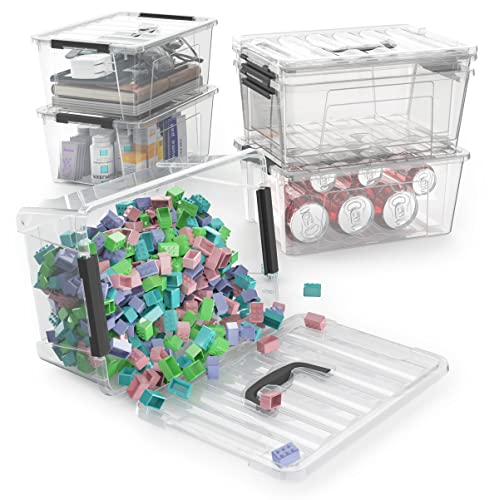 WYT 12 Pack Small 5-Quart Clear Plastic Storage Bins with Lids and Latch Buckles, Storage Organizer Container with Handle