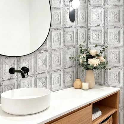 Froluya Distressed Tile Peel and Stick Wallpaper Ceiling 16.9" x 196.8" | Rustic White Contact Paper Embossed Self Adhesive Wallpaper Removable Waterproof Wall Paper for Kitchen Backsplash Vinyl - size: 16.9” x 196.8”