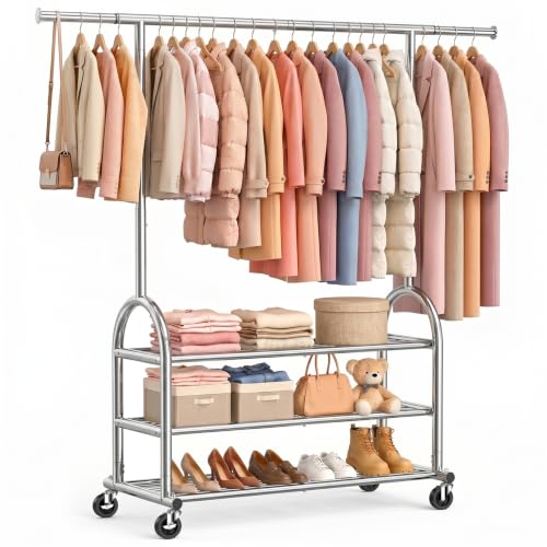 Heavy Duty Clothes Rack for Hanging Clothes Load 688 LBS, Height Adjustable Rolling Clothing Racks, Portable Metal Coat Rack Garment Wardrobe with Wheels and 3 Shelves for Bedroom, Silver - color: Silver, style: 3 Shelves