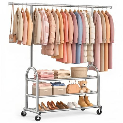 Heavy Duty Clothes Rack for Hanging Clothes Load 688 LBS, Height Adjustable Rolling Clothing Racks, Portable Metal Coat Rack Garment Wardrobe with Wheels and 3 Shelves for Bedroom, Silver - color: Silver, style: 3 Shelves