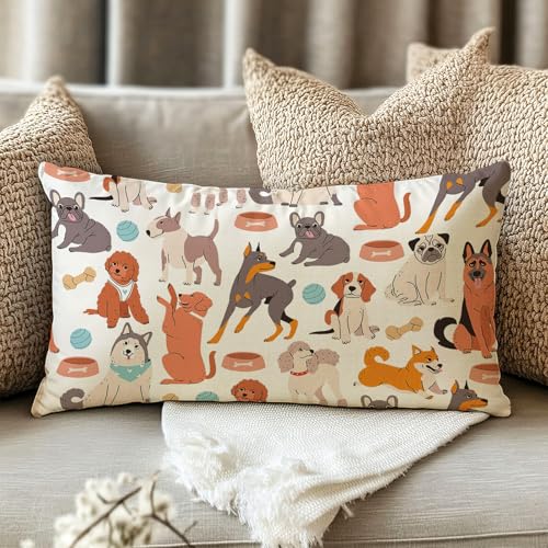 Fahrendom Cute Dogs Lumbar Decorative Rectangle Pillow Cover 12 x 20 | Puppy Golden Retriever German Shepherd Bulldog Porch Patio Pillowcase, Sofa Couch Cushion Case Home Decor Pet Owner Lover