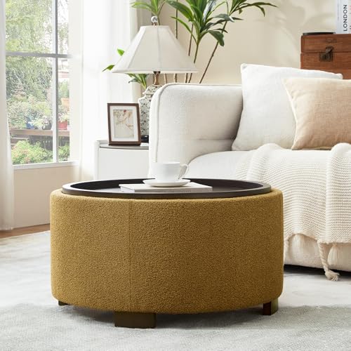 Zihanhome 30 Inch Round Storage Ottoman, Ottoman Coffee Table with Lift Off Lid, Boucle Modern Ottomans with Storage for Living Room, Bedroom, Apartments (Yellow) - color: Yellow