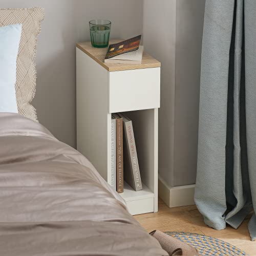 SoBuy Nightstand Narrow Night Stand Modern Design Bedside Furniture Slim End Table Storage Cabinet with Sliding Drawer and Open Compartment, White & Natural FBT111-WN | Slim Dorm Bedsid Table with Open Compartment, White & Natural FBT111-WN - color: White