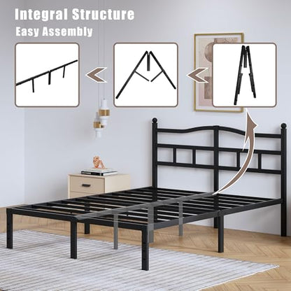 SHOANED 14 Inch Metal Bed Frame - Full Size Heavy Duty Bedframe with Headboard Black Basic Steel Slats Platform No Box Spring Needed/Easy Assembly/Noise Free - size: Full, style: 14 Inch with Headboard