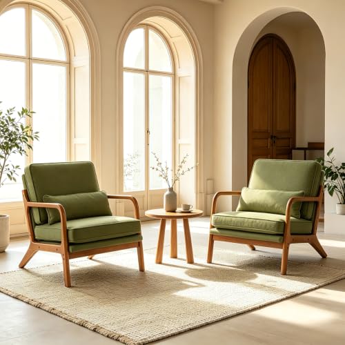 Karl home Mid-Century Modern Accent Reading Chair, Green | Linen Upholstered, Solid Wood Frame, Soft Cushion, Lumbar Pillow, Lounge Armchair for Living Room, Bedroom, Balcony, Study - color: Linen Green