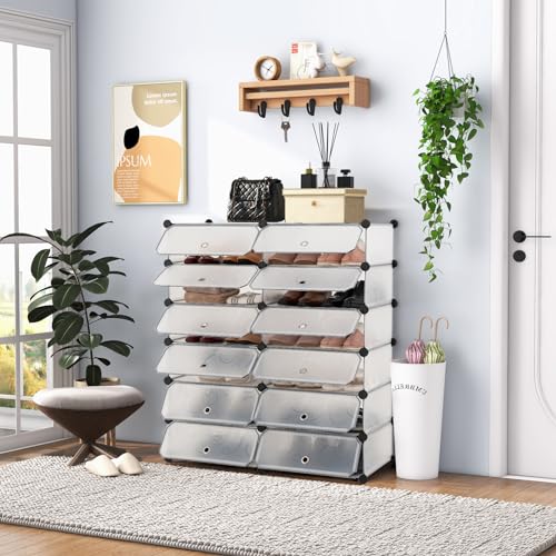 HAPPYGRILL Shoe Rack Organizer, 12-Cube Modular Plastic Shoes Storage Cabinet with 6-Tier Shoe Shelves & Transparent Doors, DIY Design, Freestanding Shoe Cabinet for 24 Pairs Shoes (White) - color: White