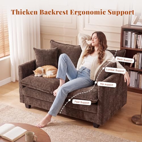 50'' Loveseat Sofa Cloud Sofa Couch, Modern Loveseats 2 Seat Couch 27" Deep Seat with 2 Pillows for Small Spaces Apartment Studio Office Bedroom Living Room, Brown - color: Brown, size: 50"