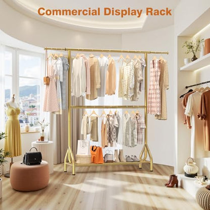 Double Rod Clothing Rack Load 622 LBS, Heavy Duty Clothes Rack for Hanging Clothes, 82.68 inch High Garment Rack with Sotrage Shelves, Metal Clothing Hanger Closet Wardrobe Organizer (Gold) - color: Gold