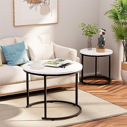 aboxoo Round Nesting Coffee Table Side Table Set of 2 End Tables for Living Room Bedroom Balcony, White Faux Marble Wooden Table Accent Coffee Table with Black Steel Frame - color: White Marble
