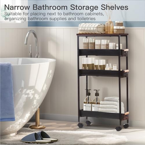 5 Tier Narrow Slim Rolling Cart Wood Top Storage Cart Black | 5 tier narrow rolling cart slides into 8 inch gaps, while solid wood top provides durable storage over plastic surfaces - color: Black