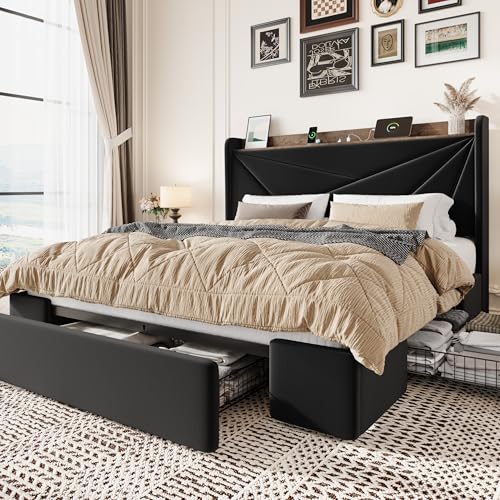 SHA CERLIN Queen Bed Frame, Storage Headboard with Drawers, Charging, Black | Velvet Upholstered Bed, Modern Wingback Headboard, 3 Drawers, USB Charging Station, No Box Spring Needed, Easy Assembly - color: Black, size: Queen