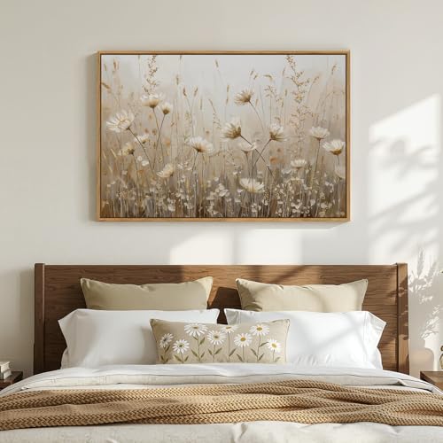 Framed Vintage Rustic Neutral Floral Wall Art for Living Room, 24x36 In | Horizontal, Wood frame, Canvas print, Farmhouse wall decor, Retro flower botanical picture, Bedroom dining room home decor - color: Beige C