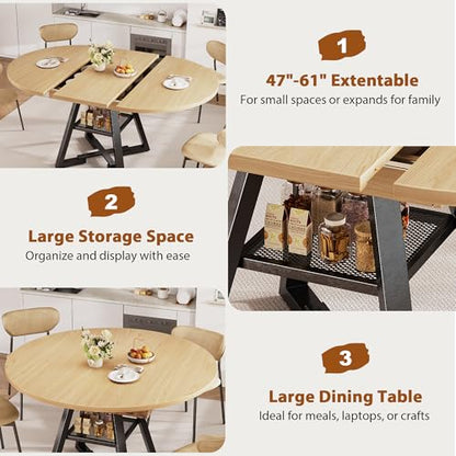 Extendable Dining Table for 4-8, Round Extendable Dining Room Table with Removable Leaf & Storage Shelf, Expandable Oval Kitchen Table with Pedestal Base, Modern Industrial Space Saving (Natural) - color: Natural