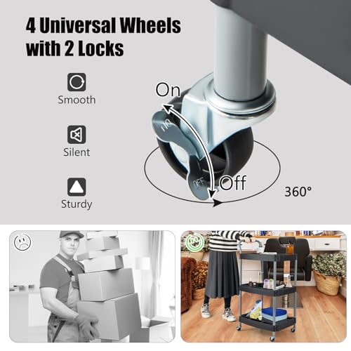 3 Tier Rolling Utility Cart with Compartment & Universal Wheels | 3 Shelf Rolling Storage Cart, Plastic Tool Cart Organizer for Garage, Office, Home, Warehouse, Repair Shop