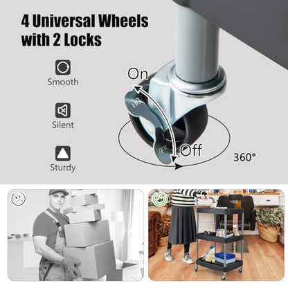 3 Tier Rolling Utility Cart with Compartment & Universal Wheels | 3 Shelf Rolling Storage Cart, Plastic Tool Cart Organizer for Garage, Office, Home, Warehouse, Repair Shop