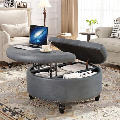 FiveWillowise 30 Inch Large Round Ottoman with Storage Circular,Gray Grey | Leather Coffee Table with Lift Top,Modern Upholstered Button Tufted Footrest Stool Solid Wood Legs for Living Room,Bedroom - color: Grey