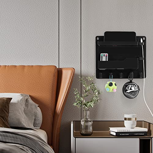 Wall Mount Shelf Organizer, Adhesive Bedside Shelf Accessories with Hooks and Cable Clips, Dorm Room Wall Storage for Phone, Remote, Earphone, Kindle, Plastic(Black) - color: Black