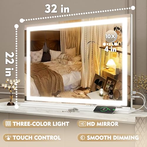 ROLOVE Vanity Mirror with Lights, 32" x 22" Large Lighted Vanity Mirror with Dimmable 3 Modes, LED Makeup Mirror, USB Charging Port, Tabletop or Wall-Mounted Square White - color: White, size: 32"L x 22"W