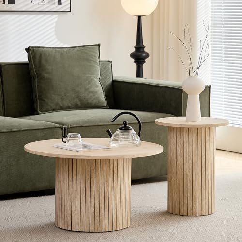 Round Nesting Coffee Table Set of 2 Mid Century Modern Wood Round Coffee Tables with Flexible Small Boho Circle Side Table for Space Saving Living Room Comedor Home Office Bedroom(Beige) - color: 2pcs Beige