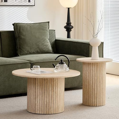 Round Nesting Coffee Table Set of 2 Mid Century Modern Wood Round Coffee Tables with Flexible Small Boho Circle Side Table for Space Saving Living Room Comedor Home Office Bedroom(Beige) - color: 2pcs Beige